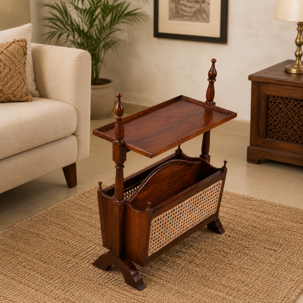 Teak Wood Antique Style Magazine Rack with Cane Work – Elegant Storage & Decor