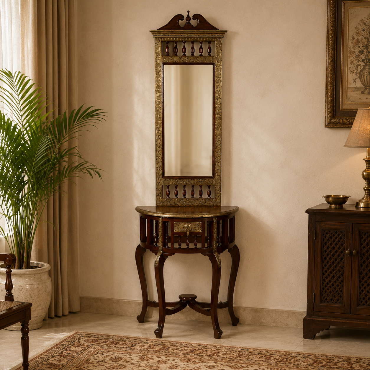 Mango Wood Dressing Table with Mirror & Small Storage – Walnut Finish