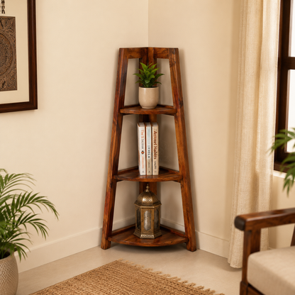 Solid Sheesham Wood Corner Folding 3-Tier Shelf / Bookshelf
