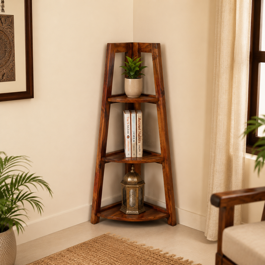 Solid Sheesham Wood Corner Folding 3-Tier Shelf / Bookshelf