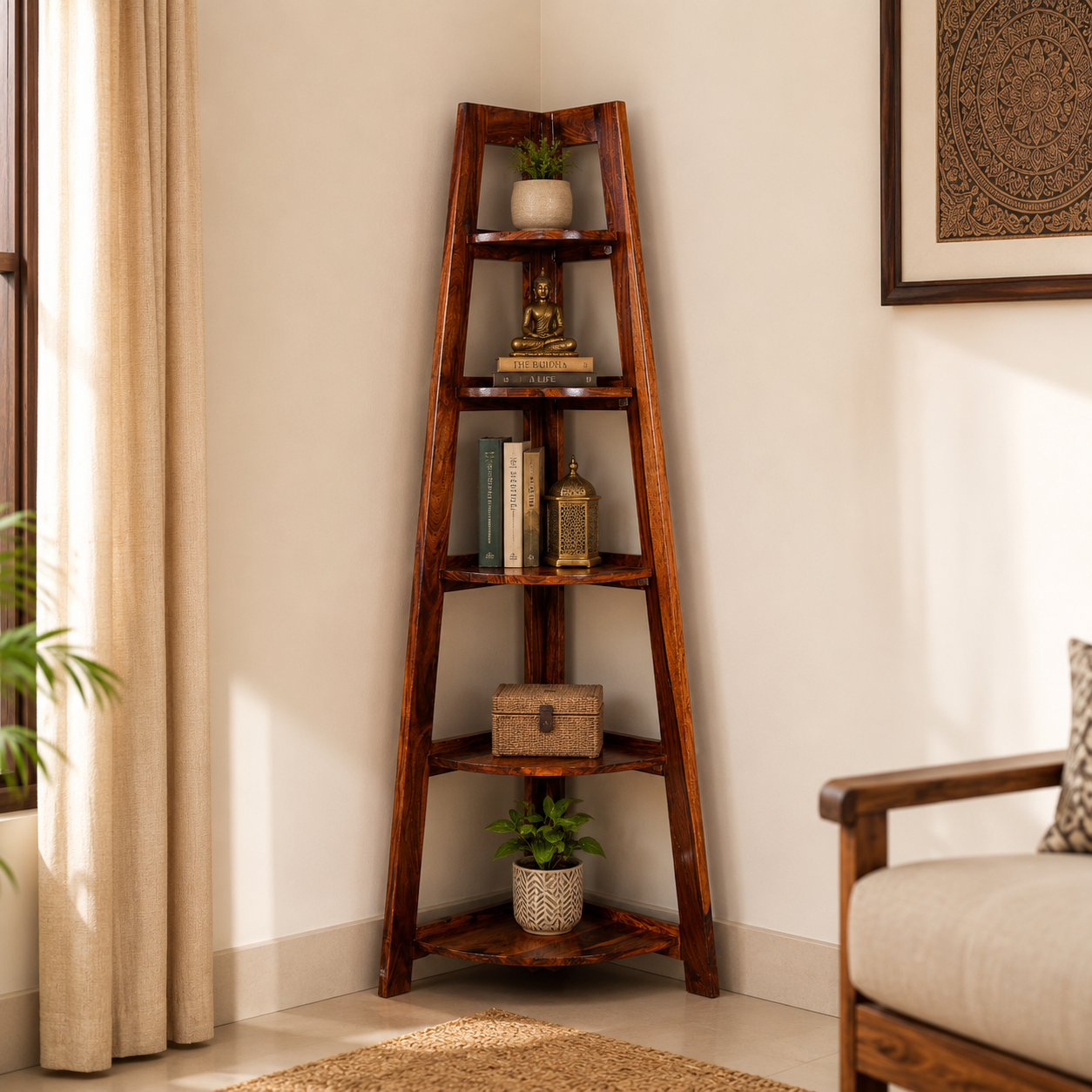 Solid Sheesham Wood Corner Folding 4-Tier Shelf / Bookshelf – Space-saving Storage