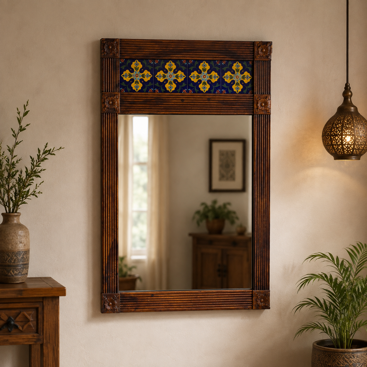 Solid Sheesham Wood Mirror with Tile-Work Frame