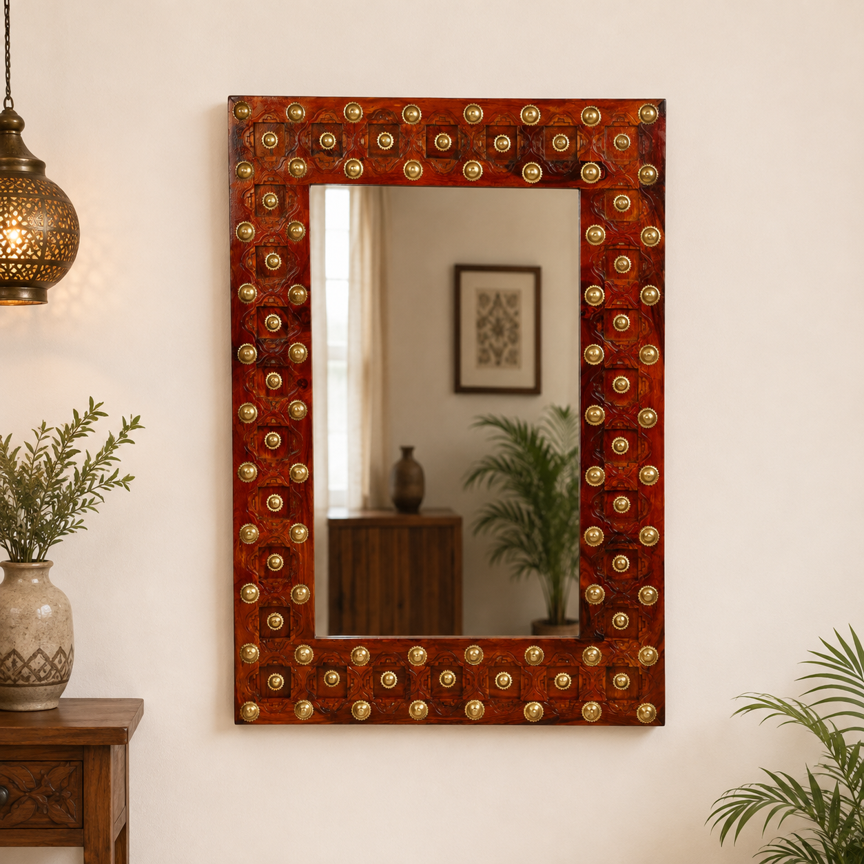 Solid Sheesham Wood Mirror with Brass-Art Frame