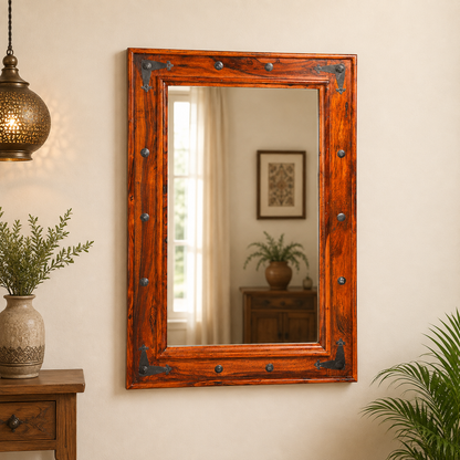 Solid Sheesham Wood Wall Mirror – Brown Frame