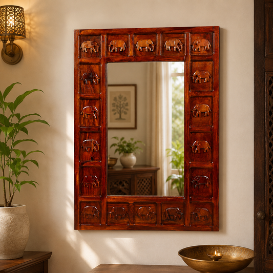 Solid Sheesham Wood Wall Mirror with Elephant Frame