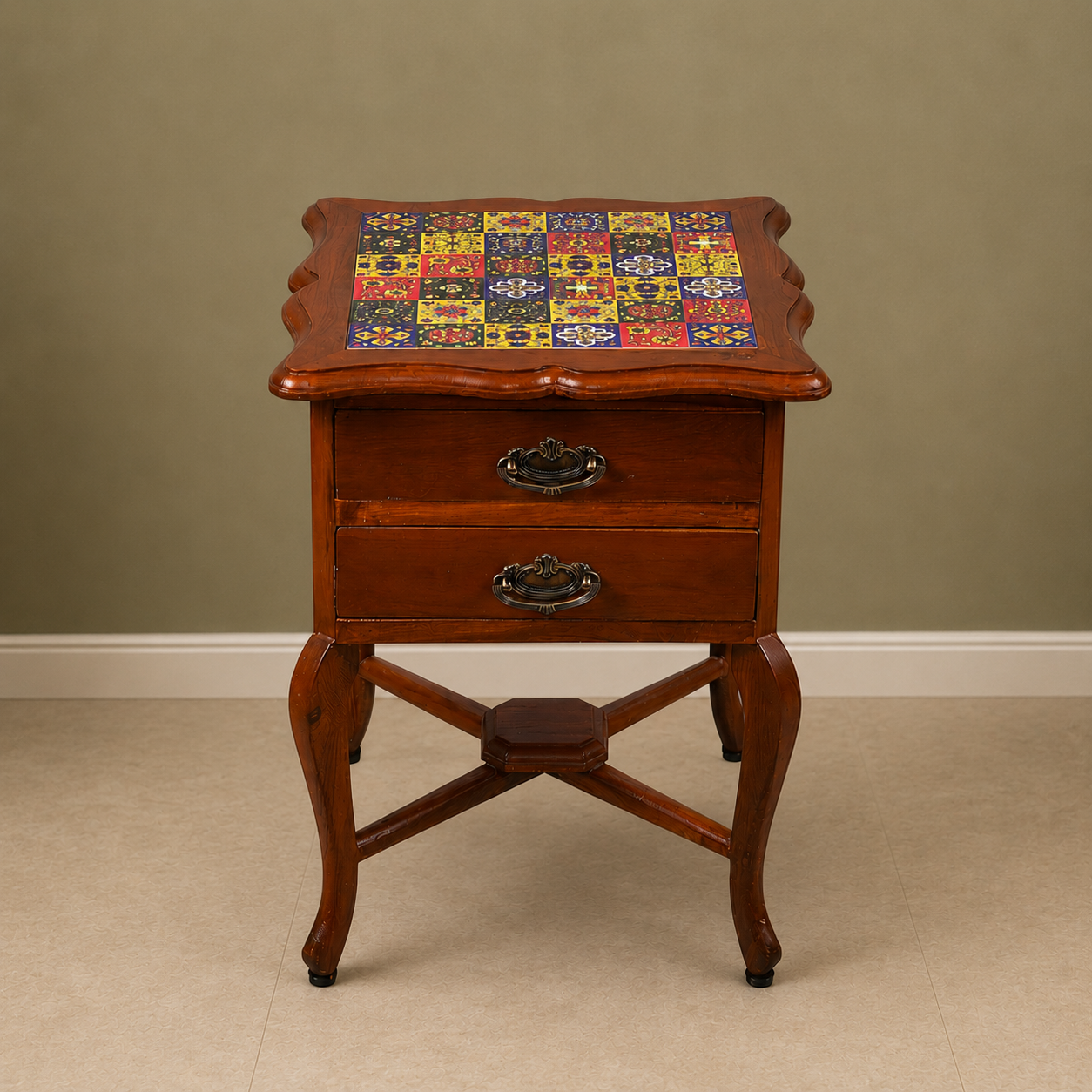 Teak Wood Side Table with 2-Tier Storage & Tile Finish