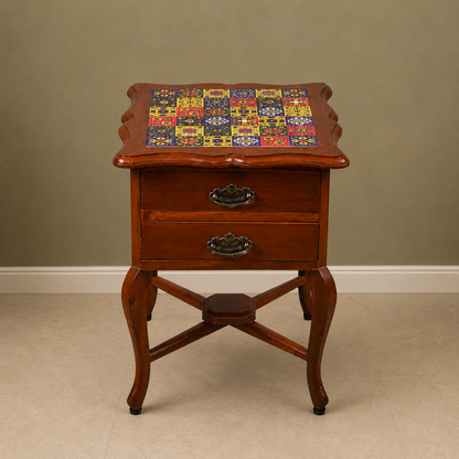 Teak Wood Side Table with 2-Tier Storage & Tile Finish