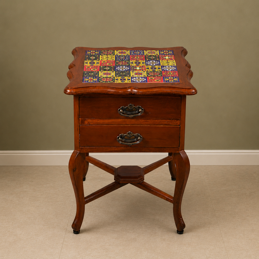 Teak Wood Side Table with 2-Tier Storage & Tile Finish