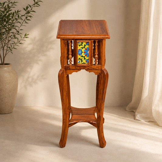 Solid Teak Wood Side Table with Decorative Tile Inlay