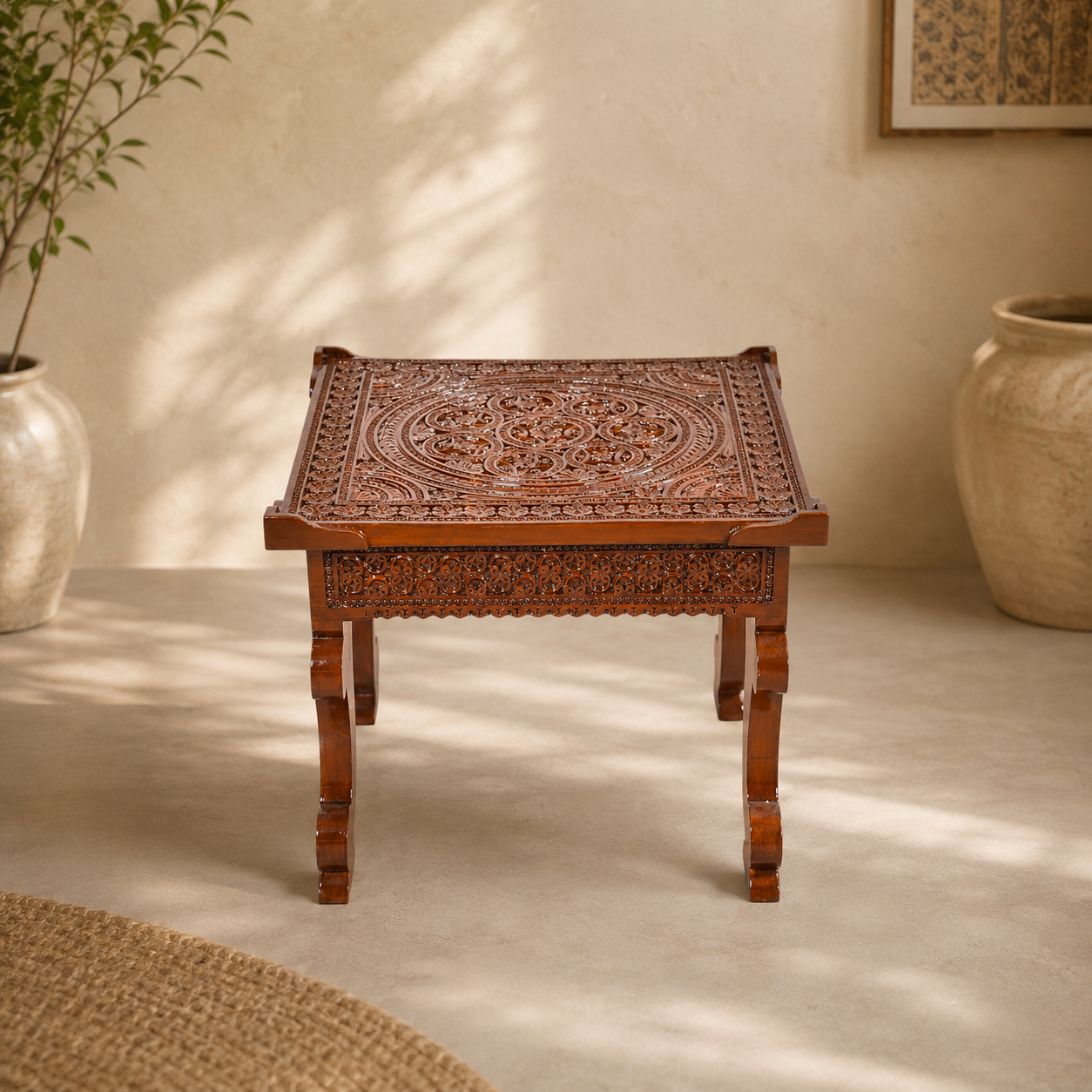 Solid Teak Wood Hand-Carved Side Table with Glass Top