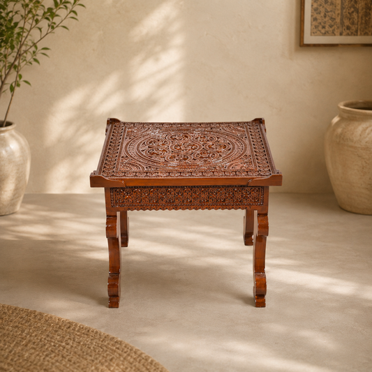 Solid Teak Wood Hand-Carved Side Table with Glass Top