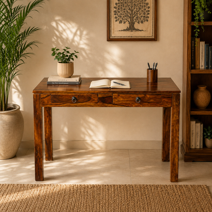 Solid Sheesham Wood Writing Table with 2 Storage Drawers