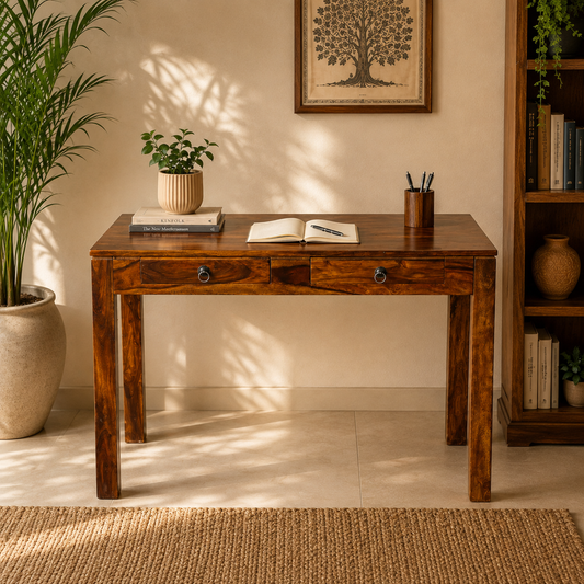 Solid Sheesham Wood Writing Table with 2 Storage Drawers