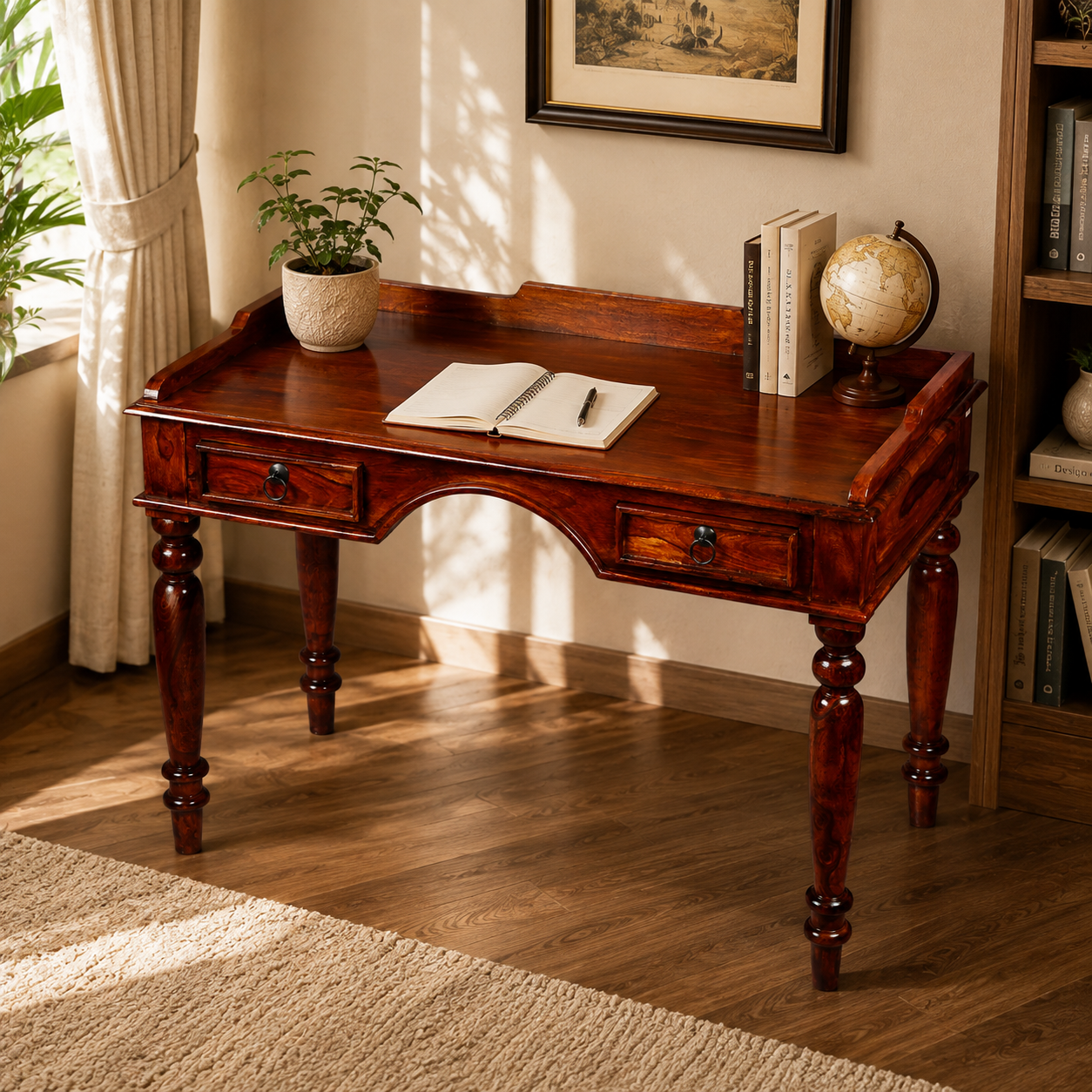 Solid Sheesham Wood Writing Table with 2 Storage Drawers – Honey Finish