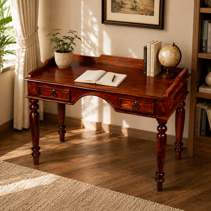 Solid Sheesham Wood Writing Table with 2 Storage Drawers – Honey Finish