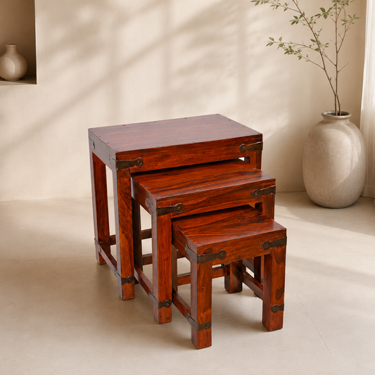 Nesting Stool Set of 3 (Sheesham + Metal Belt Finish)