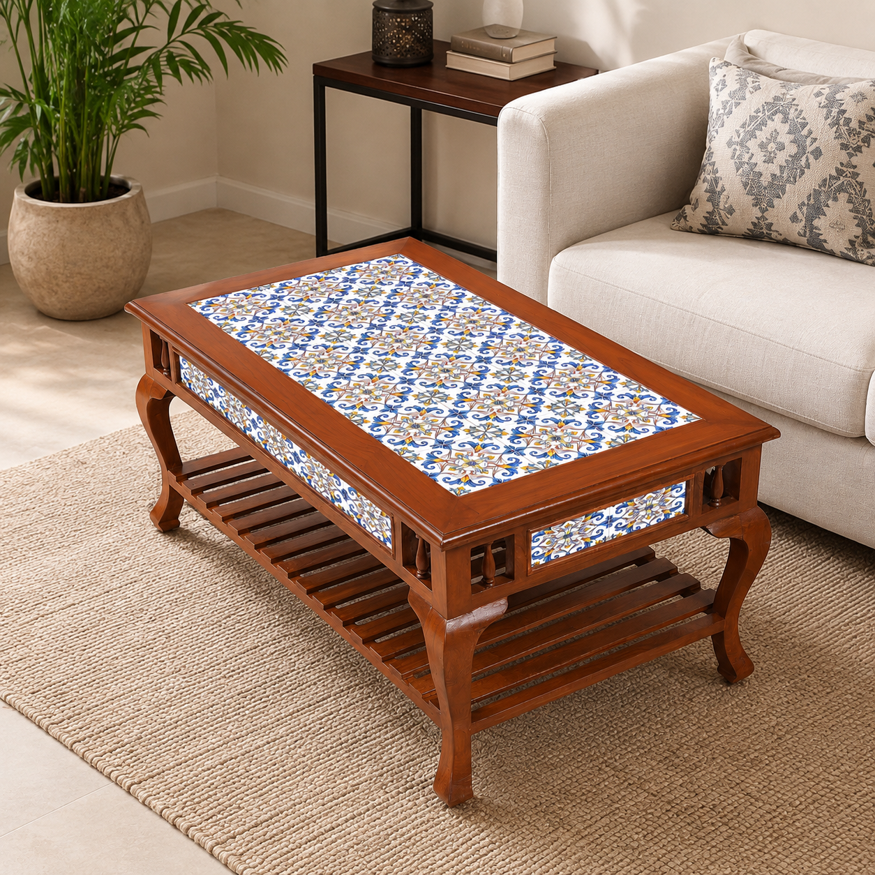 Solid Teak Wood Rectangular Carved Coffee Table with Tile Finish