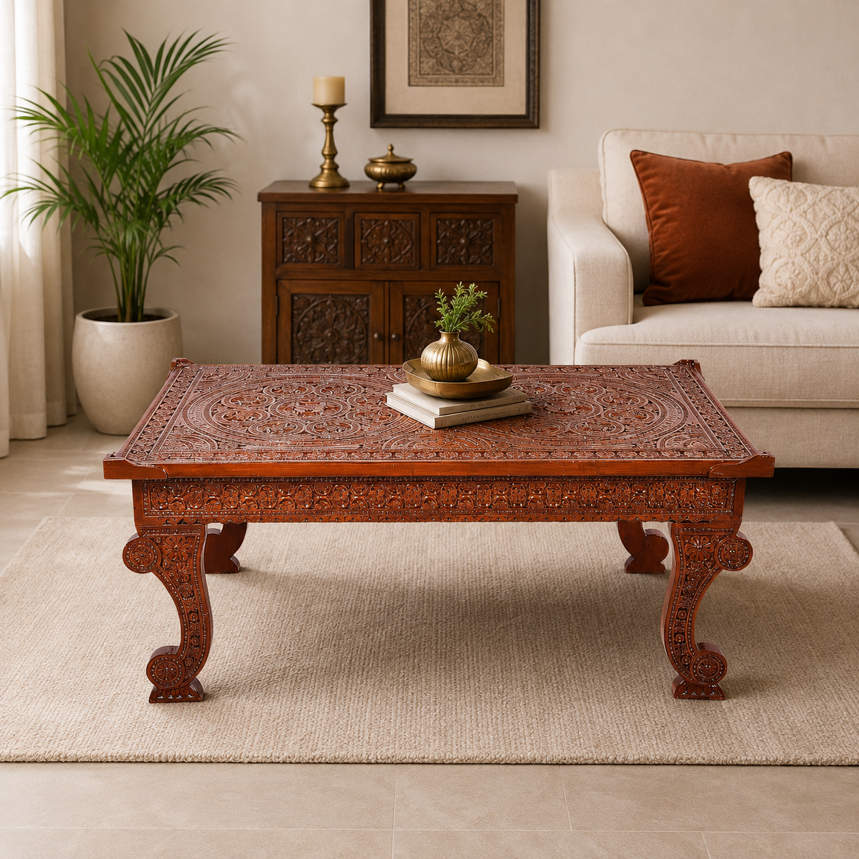 Teak Wood Hand-Carved Coffee Table with Glass