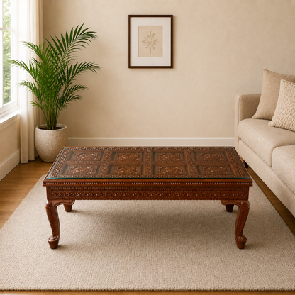 Teak Wood Hand-Carved Coffee Table with Glass Top