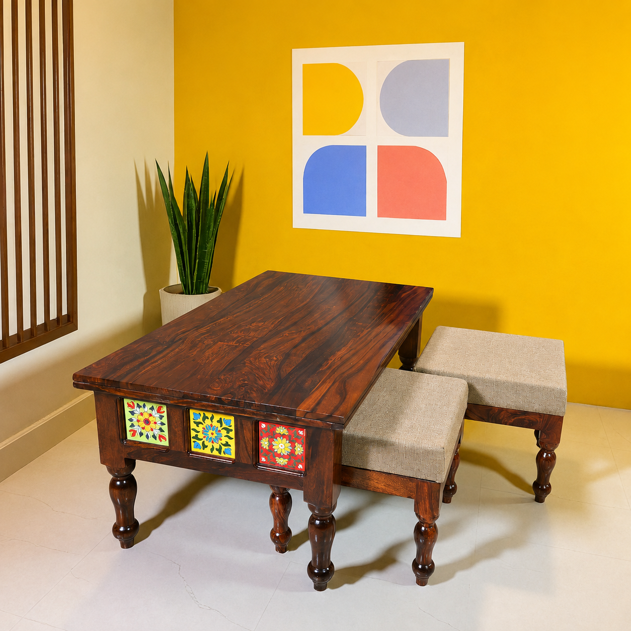 Solid Sheesham Wood Coffee Table with 2 Upholstered Stools