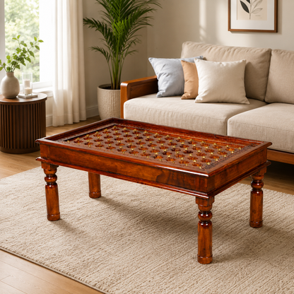 Solid Sheesham Wood Hand-Carved Coffee Table with Brass Detailing