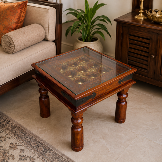 Solid Sheesham Wood Side Table with Brass Art Finish