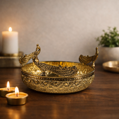 Handcrafted Brass Urli Bowl With Peacock – Traditional Decorative Centrepiece | Thar Arts & Furniture