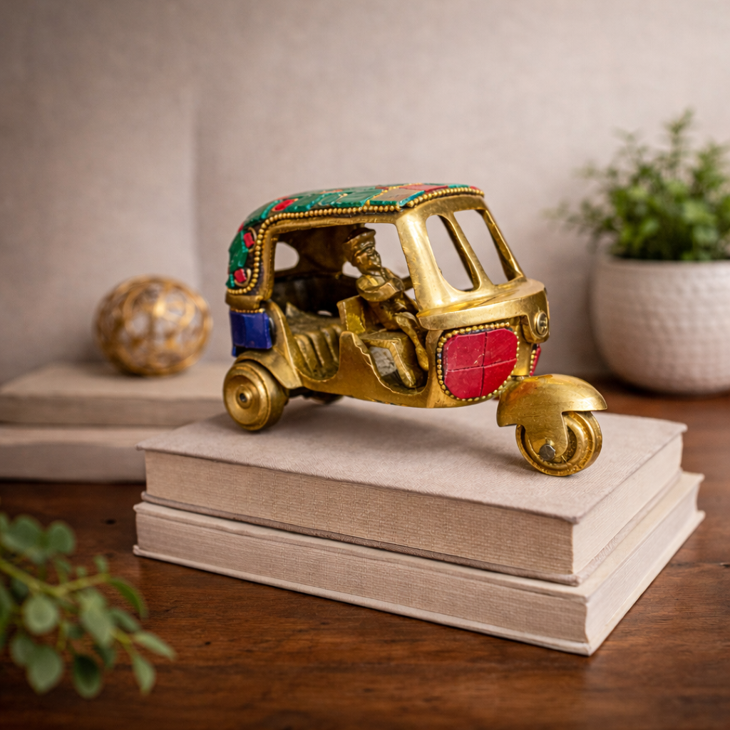 Handcrafted Pure Brass Auto Rickshaw Figurine With Stone Work – Traditional Indian Decor | Thar Arts & Furniture