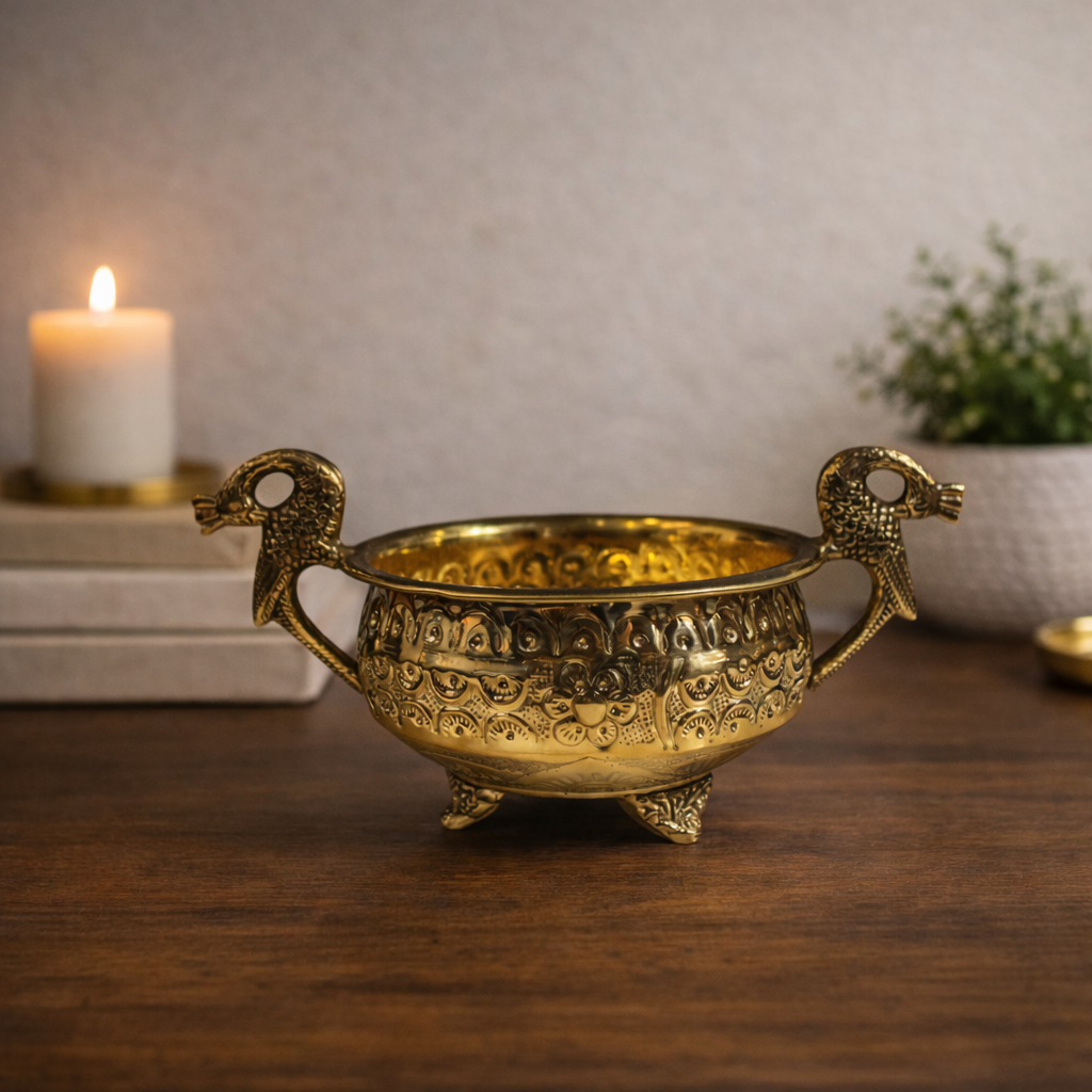 Handcrafted Brass Twin Peacock Design Urli Bowl – Elegant Indian Centrepiece | Thar Arts & Furniture