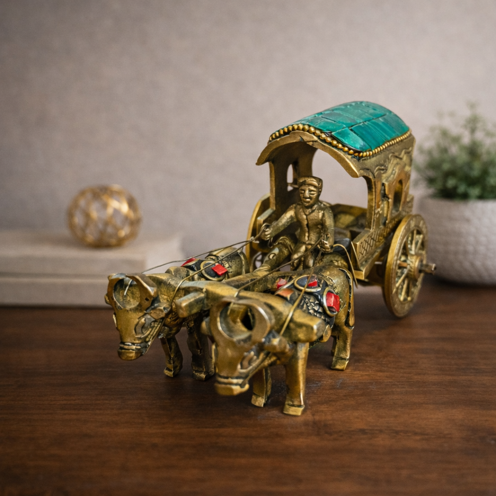 Handcrafted Pure Brass Bullock Cart Figurine With Green Stone Work – Traditional Indian Decorative Showpiece | Thar Arts & Furniture