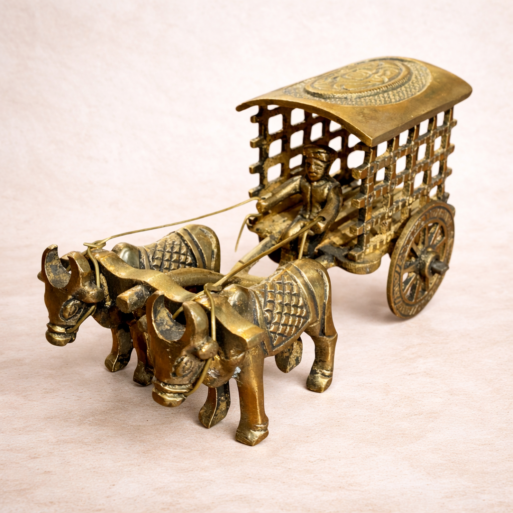 Handcrafted Pure Brass Bullock Cart Figurine With Jali Design – Traditional Indian Village Decor | Thar Arts & Furniture