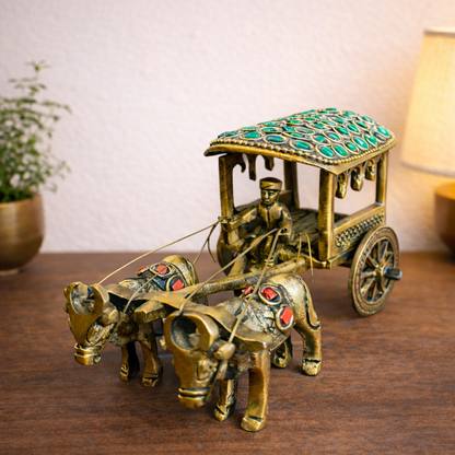 Handcrafted Pure Brass Bullock Cart Figurine with Stone Work – Traditional Indian Decor | Thar Arts & Furniture