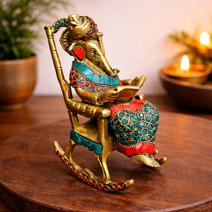 Brass Ganesha on Rocking Chair with Stone Work – Traditional Indian Decorative Showpiece | Thar Arts & Furniture