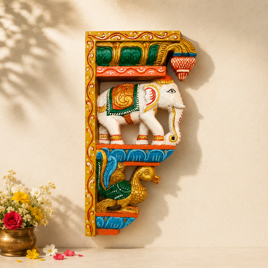 Wood Corbel Wall Brackets of Elephant & Hamsa – Handcrafted Decorative Wall Bracket