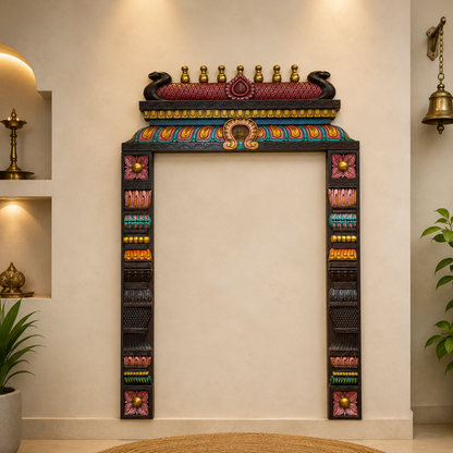 Hand-Painted Wooden Gopuram with Side Panels | Traditional Temple Wall Frame | Premium Vagai Wood