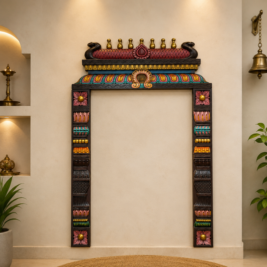 Hand-Painted Wooden Gopuram with Side Panels | Traditional Temple Wall Frame | Premium Vagai Wood