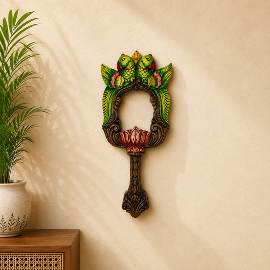 Double Parrot Wooden Mirror Frame – Hand-Carved Wall Mirror