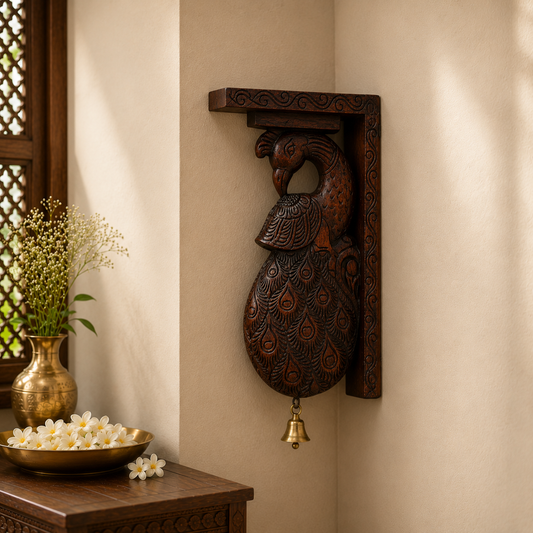 Handcrafted Wooden Peacock Carving Wall Bracket – Traditional Wall Decor