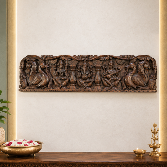 Lakshmi Ganesha Saraswati Wooden Panel – Hand-Carved Wall Decor