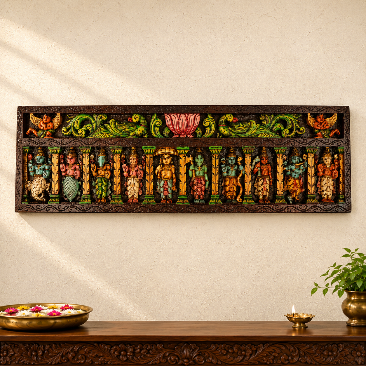 Dasavathara Horizontal Wooden Panel – Vagai Wood Multicolour