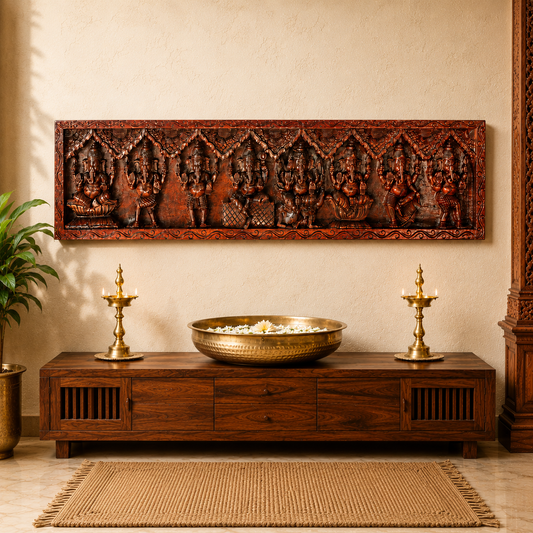 Wooden Ganesha Panel – Hand-Carved Astha Ganesh Wall Hanging
