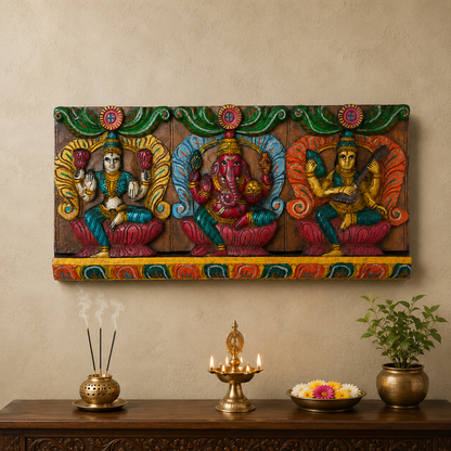 Lakshmi Ganesha and Saraswati Wooden Panel – GLS Panel