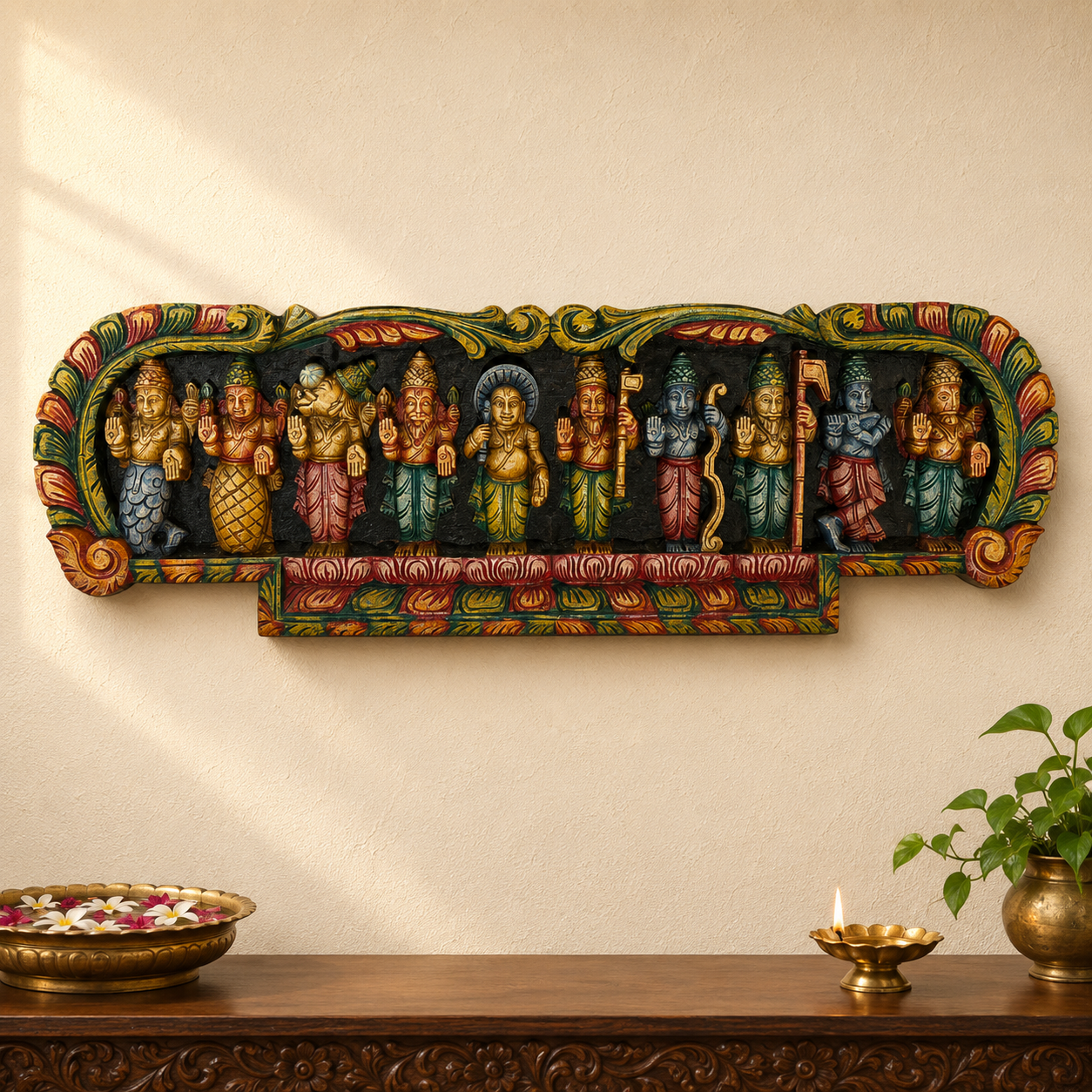 Dasavatharam Horizontal Wooden Panel – Vagai Wood Wall Hanging