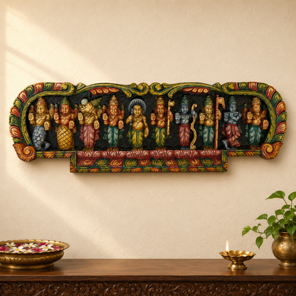 Dasavatharam Horizontal Wooden Panel – Vagai Wood Wall Hanging
