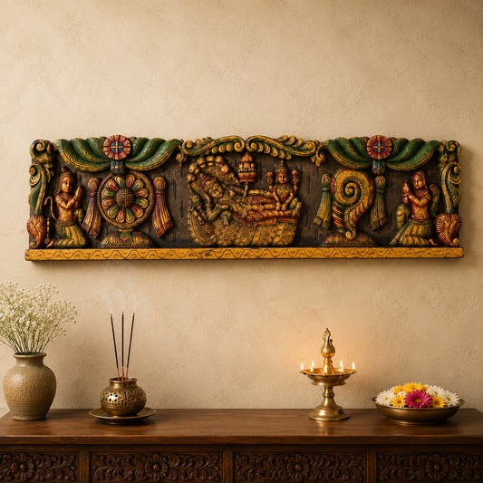 Vishnu Lakshmi Wooden Wall Panel – Hand-Carved Multicolour Decor