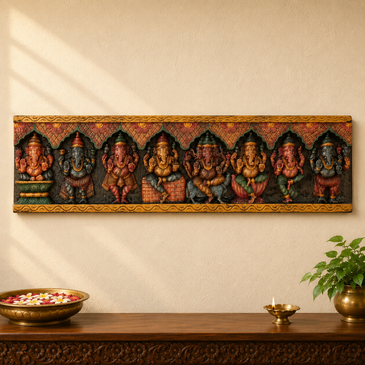 Wooden Ashta Ganapati Panel – Hand-Carved Wall Decor