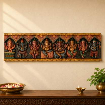 Wooden Ashta Ganapati Panel – Hand-Carved Wall Decor