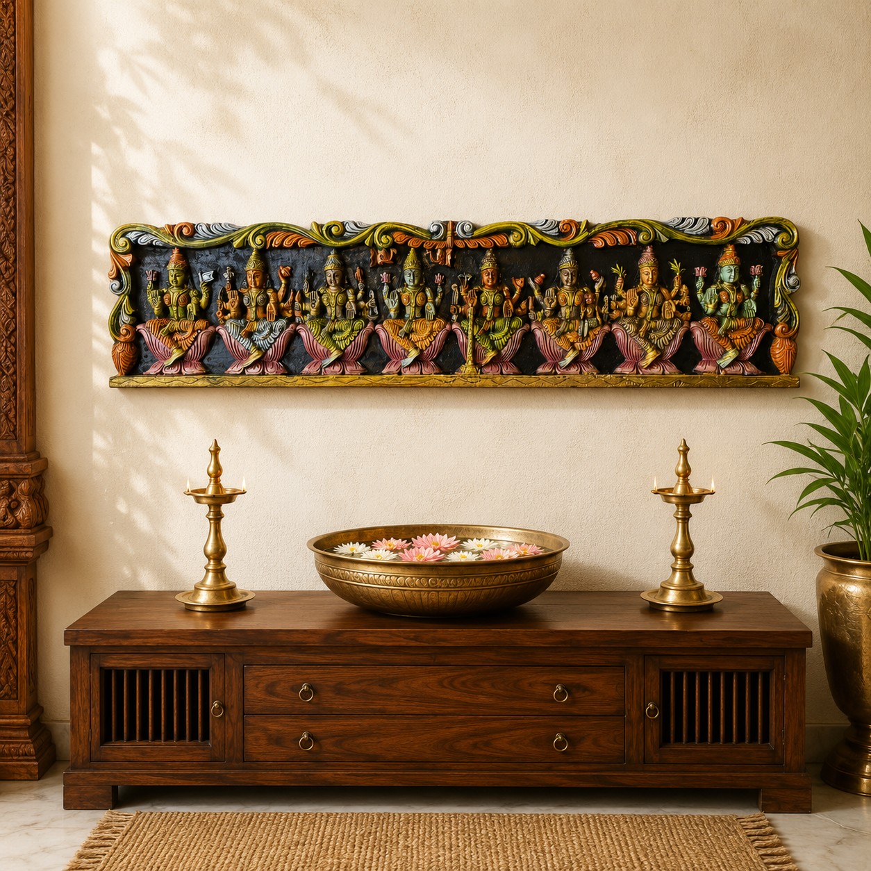 Painted Asthalakshmi Wooden Panel – Handcrafted Multicolour Wall Decor