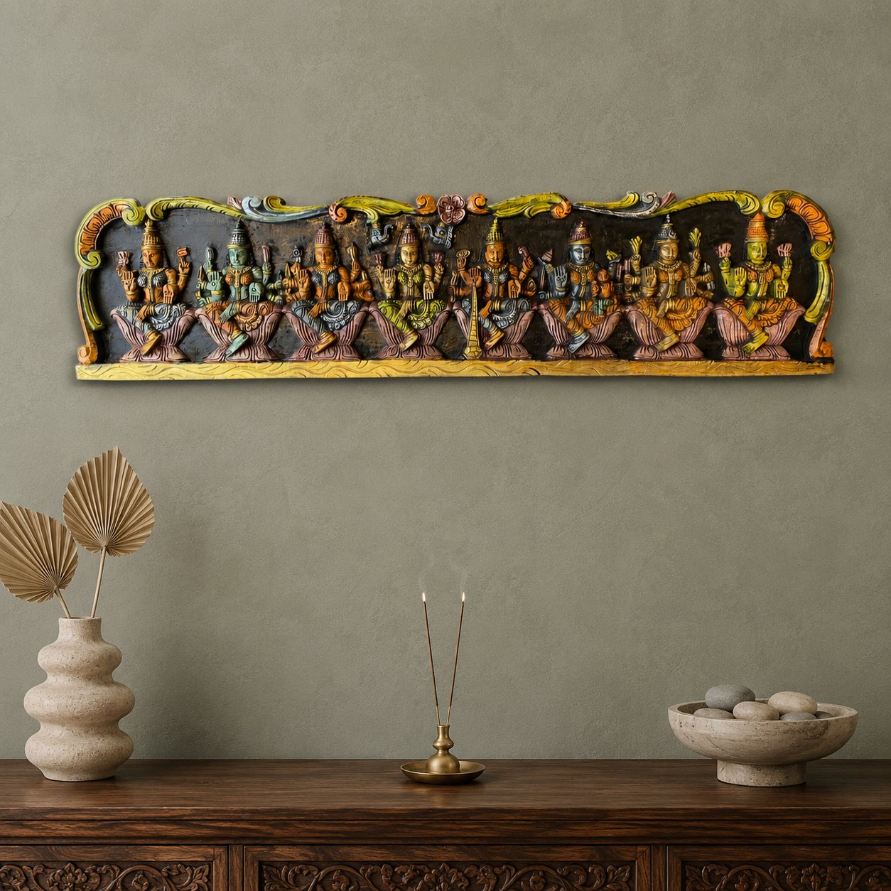 Painted Asthalakshmi Wooden Carving Panel – Handcrafted Multicolour Wall Decor