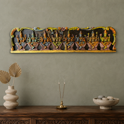 Painted Asthalakshmi Wooden Carving Panel – Handcrafted Multicolour Wall Decor